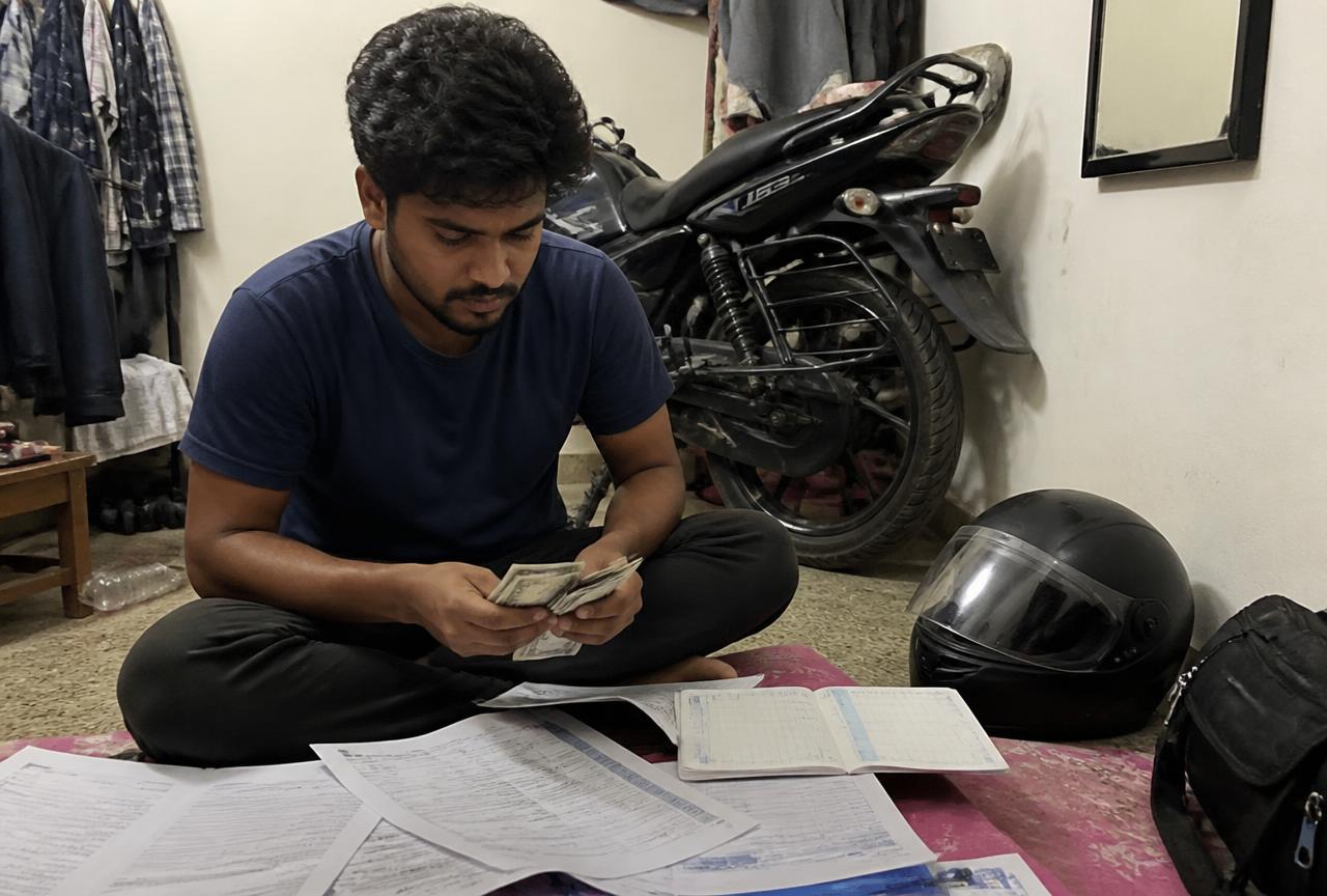 Young Indian man in his early twenties sitting on the floor of a rented room counting cash beside loan papers, a bank passbook and a black helmet, with his 125cc commuter motorcycle parked behind him
